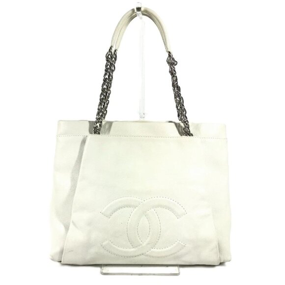 CHANEL CC CC Mark Double Chain Tote Bag Shoulder Bag Soft Caviar Leather White - Picture 1 of 15